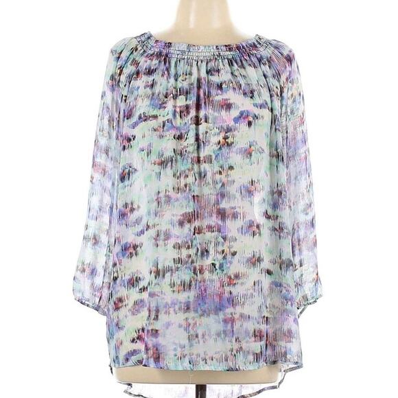 Daisy Fuentes Abstract Print Blouse – Size Large – 3/4 Sleeve – Sheer Overlay - Picture 2 of 7